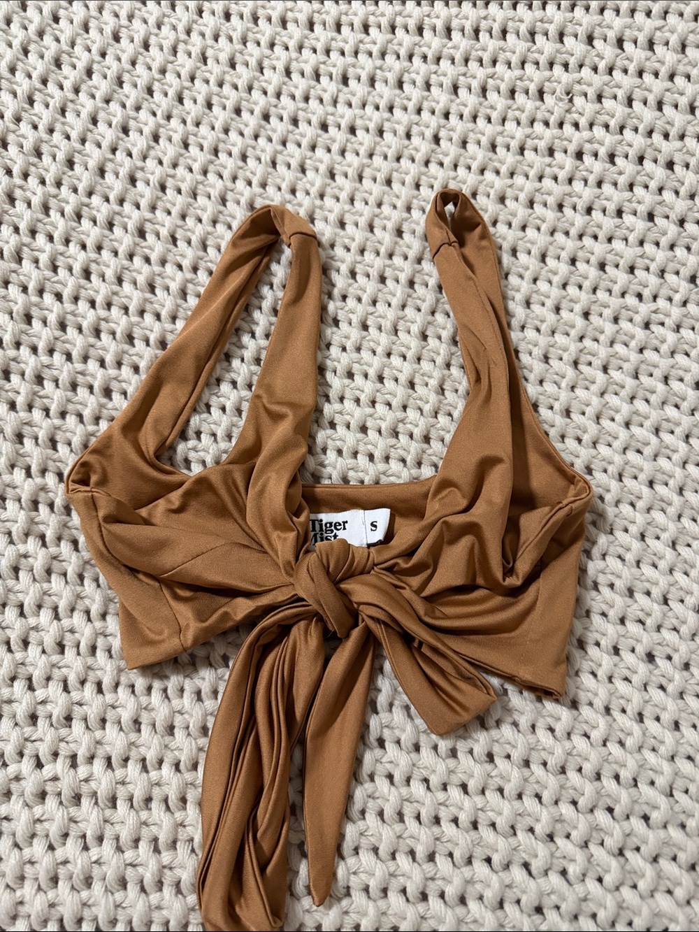 Tiger Mist Caramel Tie-Front Crop Top